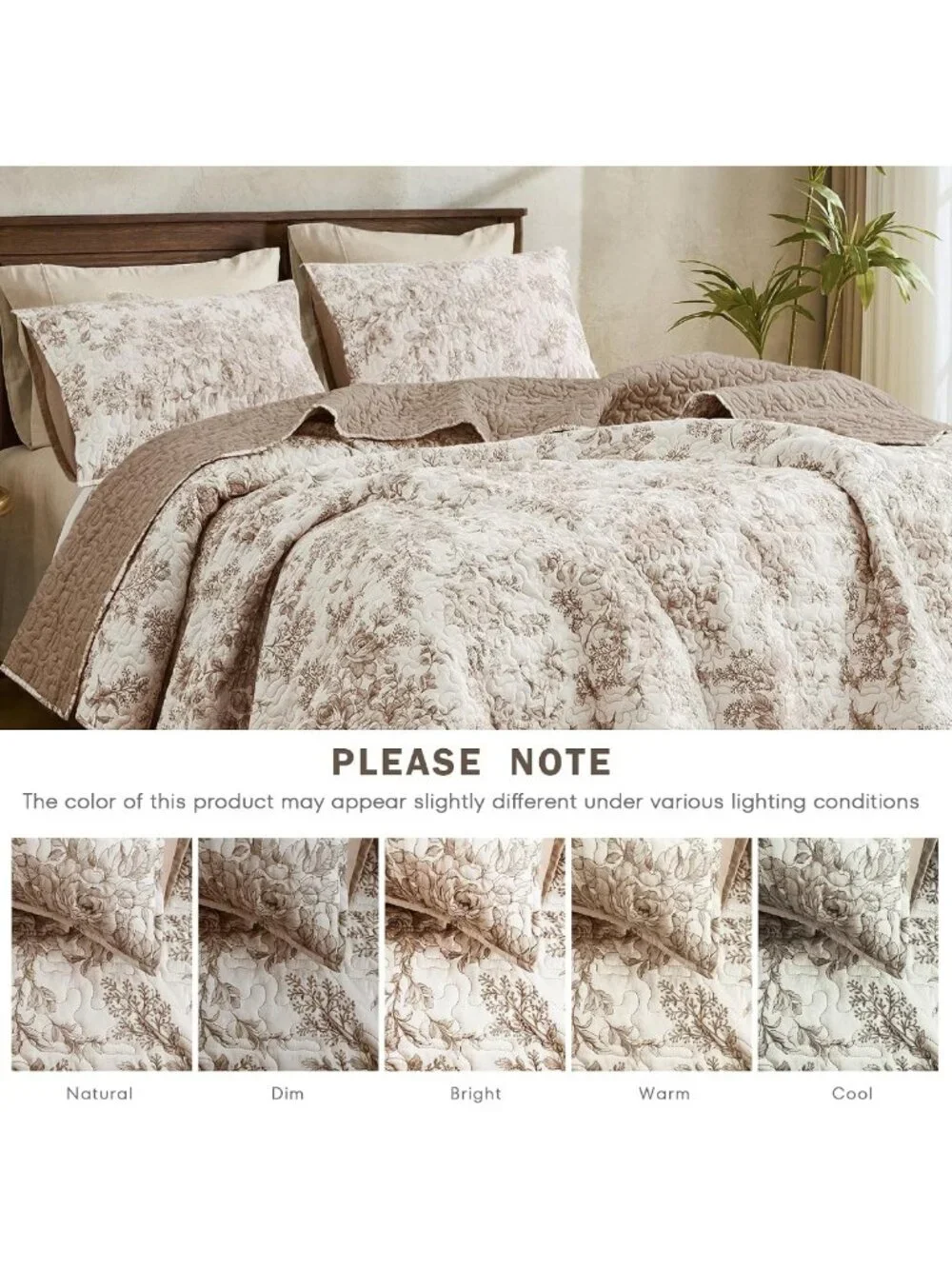 Taupe Floral King Quilt Set - 3-Piece Lightweight Cotton Bedding, Vintage